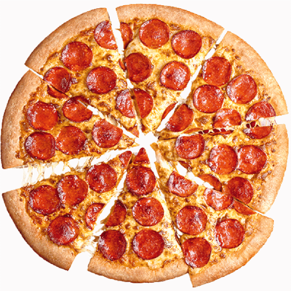 Pizza grande na massa Pan com fatias de pepperoni servidas sobre camada do nosso exclusivo queijo Hut e molho de tomate especial Pizza Hut