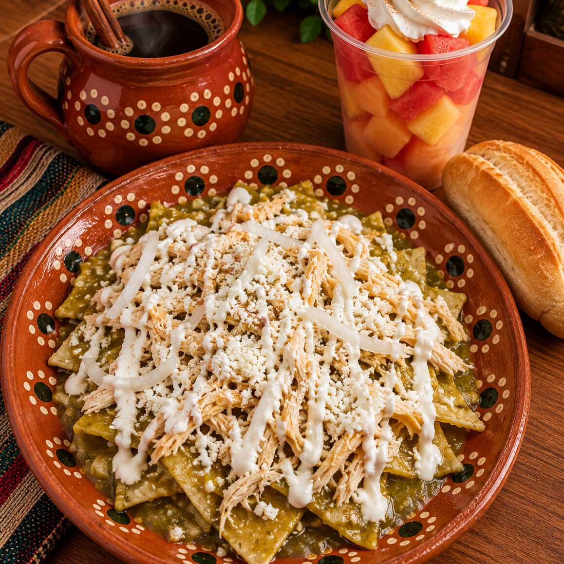 Chilaquiles de Pollo + Fruta + Café