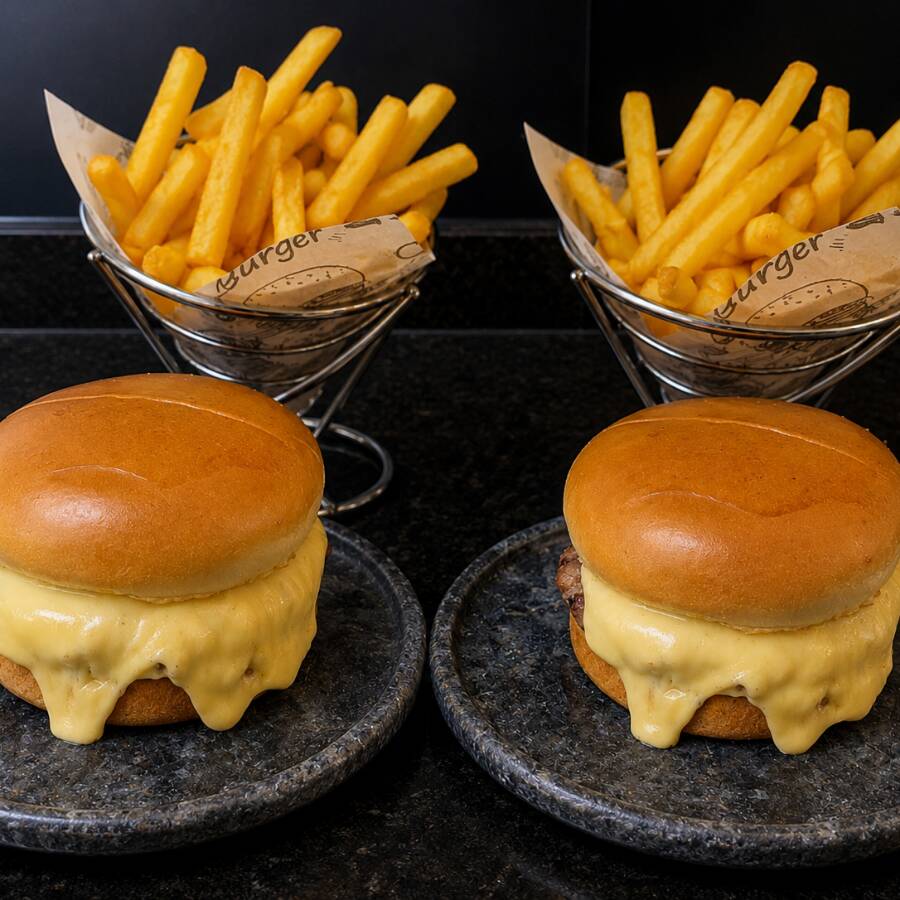 Hambúrguer artesanal de 150 gr, pão brioche, queijo prato e maionese Sailor.