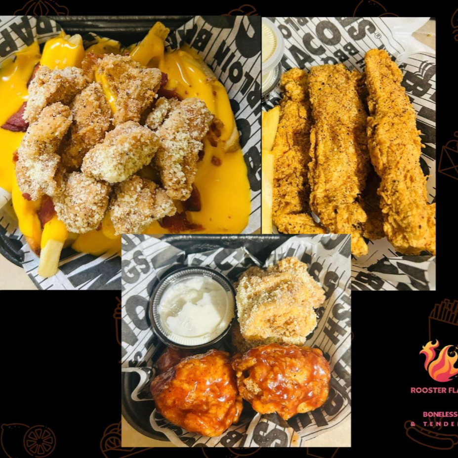 4 chicken tenders, 6 boneless y papas rooster chic
