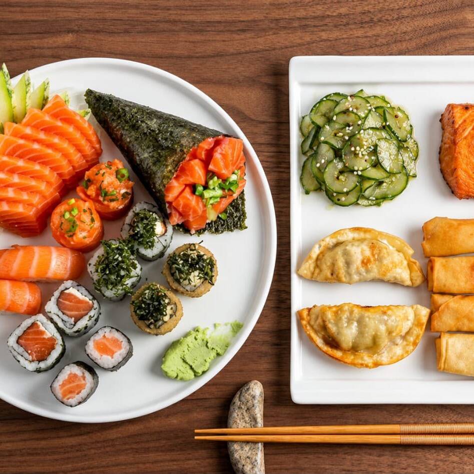 1 Temaki a sua escolha, 4 Sashimi de salmão, 12 sushi variados, 1 salmão grelhado ,1 mini porção de sunomono ,2 guiozas bovinas, 2 harumaki de legumes