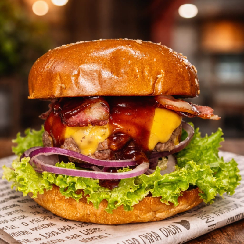 Pão brioche, hamburguer de costela 160g, 03 fatias de cheddar, bacon, barbecue, cebola roxa, alface