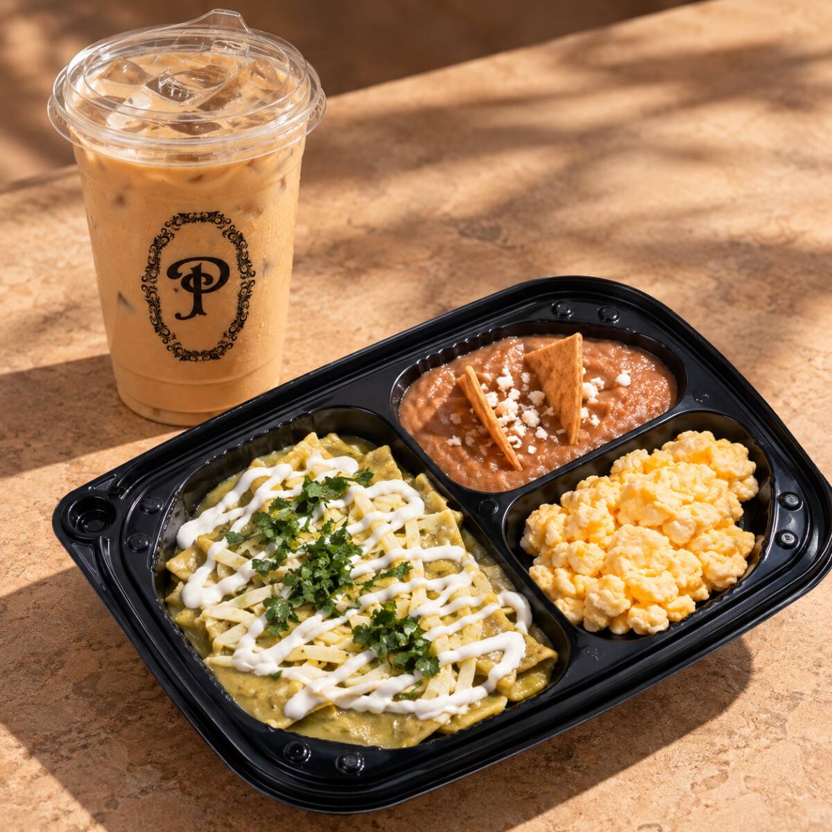 Chilaquiles Poblanos + Latte Helado