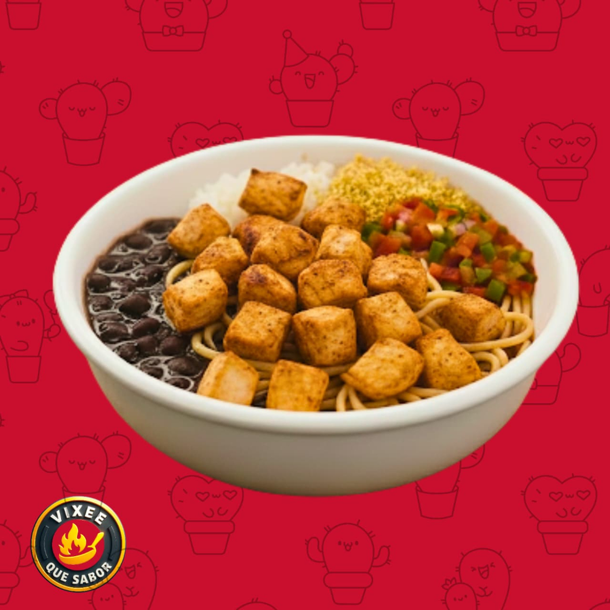 Arroz, feijão preto, macarrão, vinagrete e farofinha.