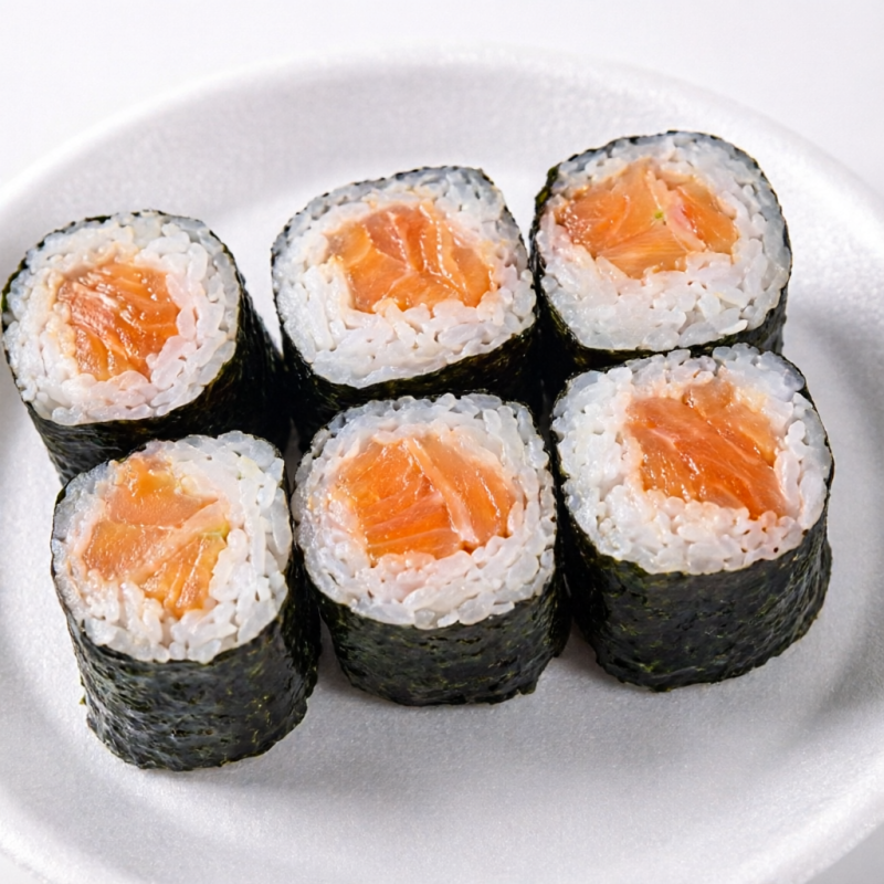 Arroz envolvido em alga com recheio de salmão ( 8 un )