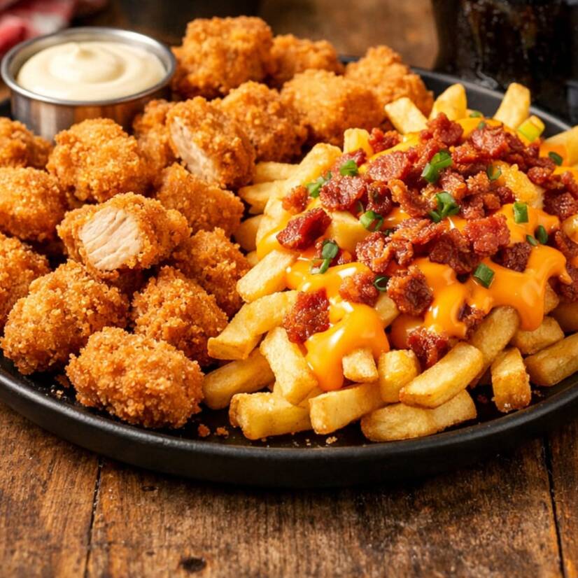 Feito com cubinhos de file de peito de frango marinado no tempero do Mineiro (500gr), 1 porção de fritas com cheddar e bacon (500gr), 1 potinho de molho da casa e 1 coca-cola 2lts