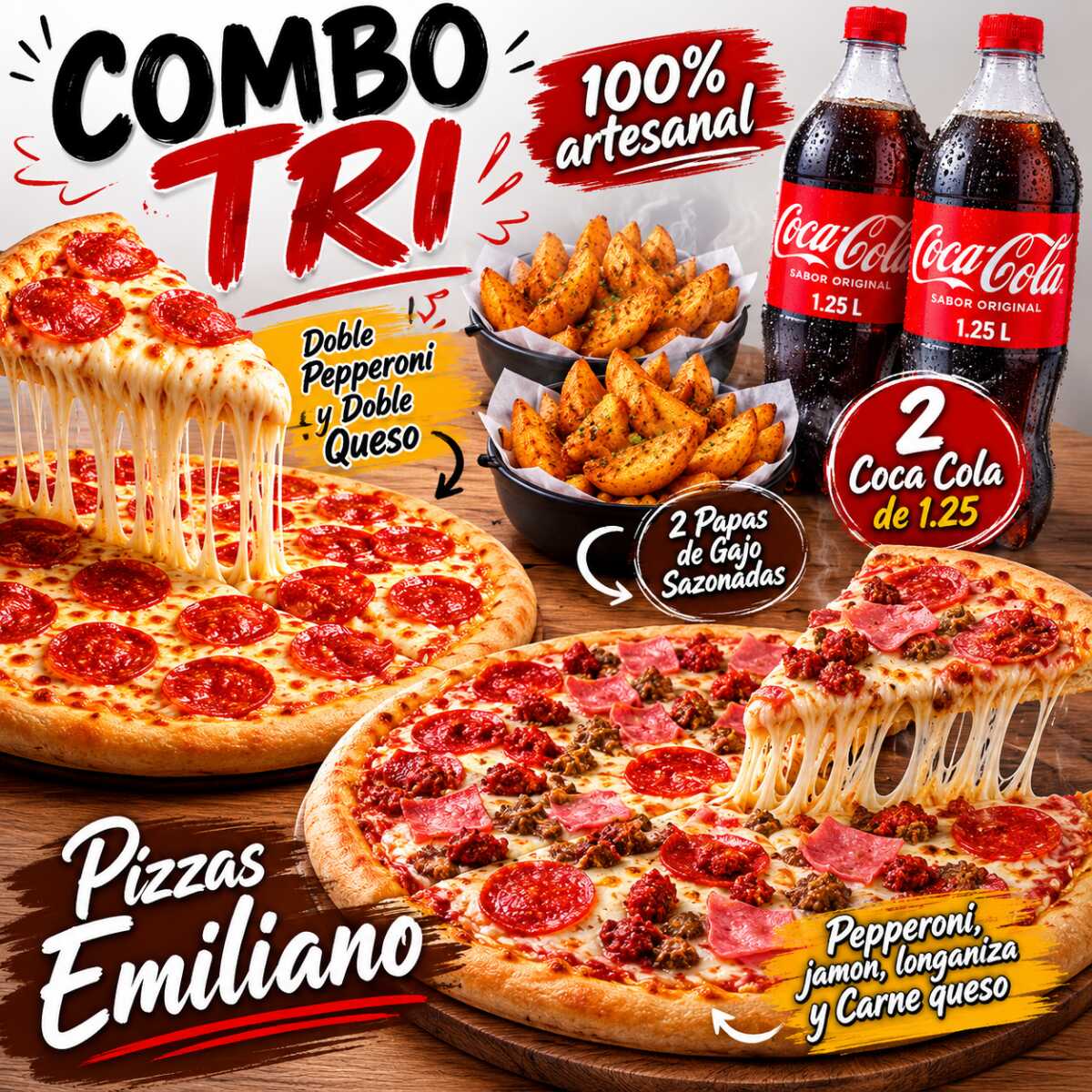 COMBO TRI - 2 Pizza + 2 Papas + 2 Coca Cola