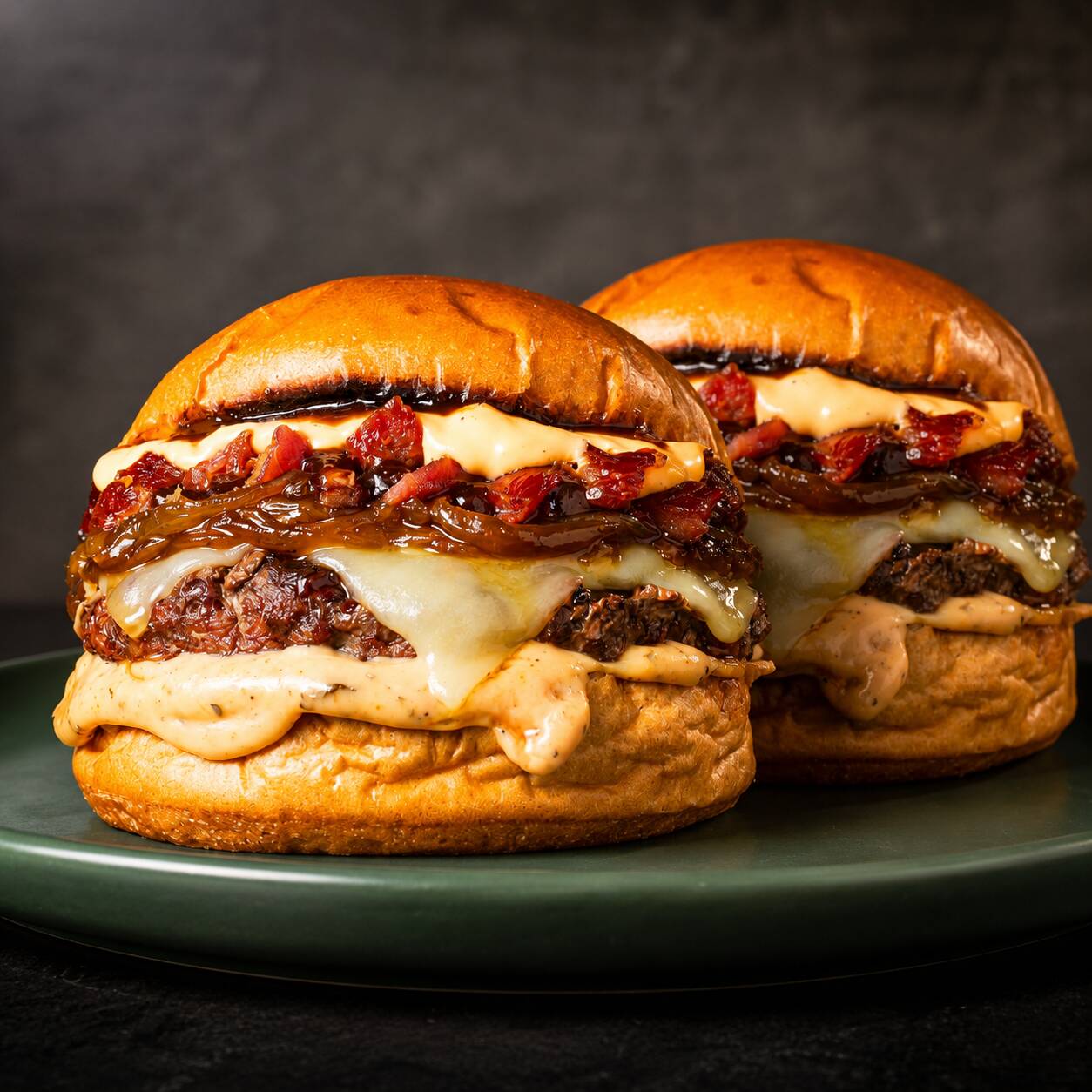 02 Deliciosos burgers na brasa ( O mais vendido) Recheado Um Delicioso Blend de 110g + Molho cheddar, barbecue, bacon, Queijo mussarela e Molho Especial