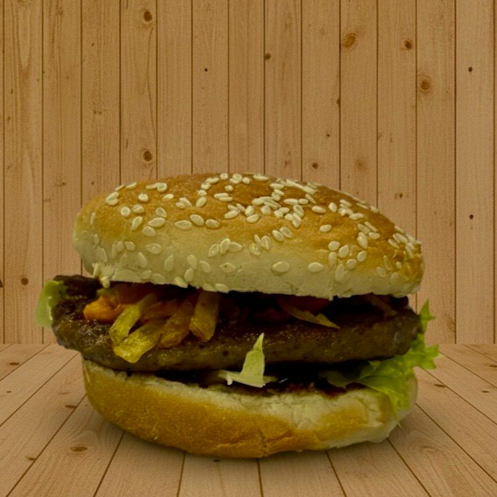 Pão, carne ,queijo, batata palha ,cebola crispy, maionese de alho, requeijão