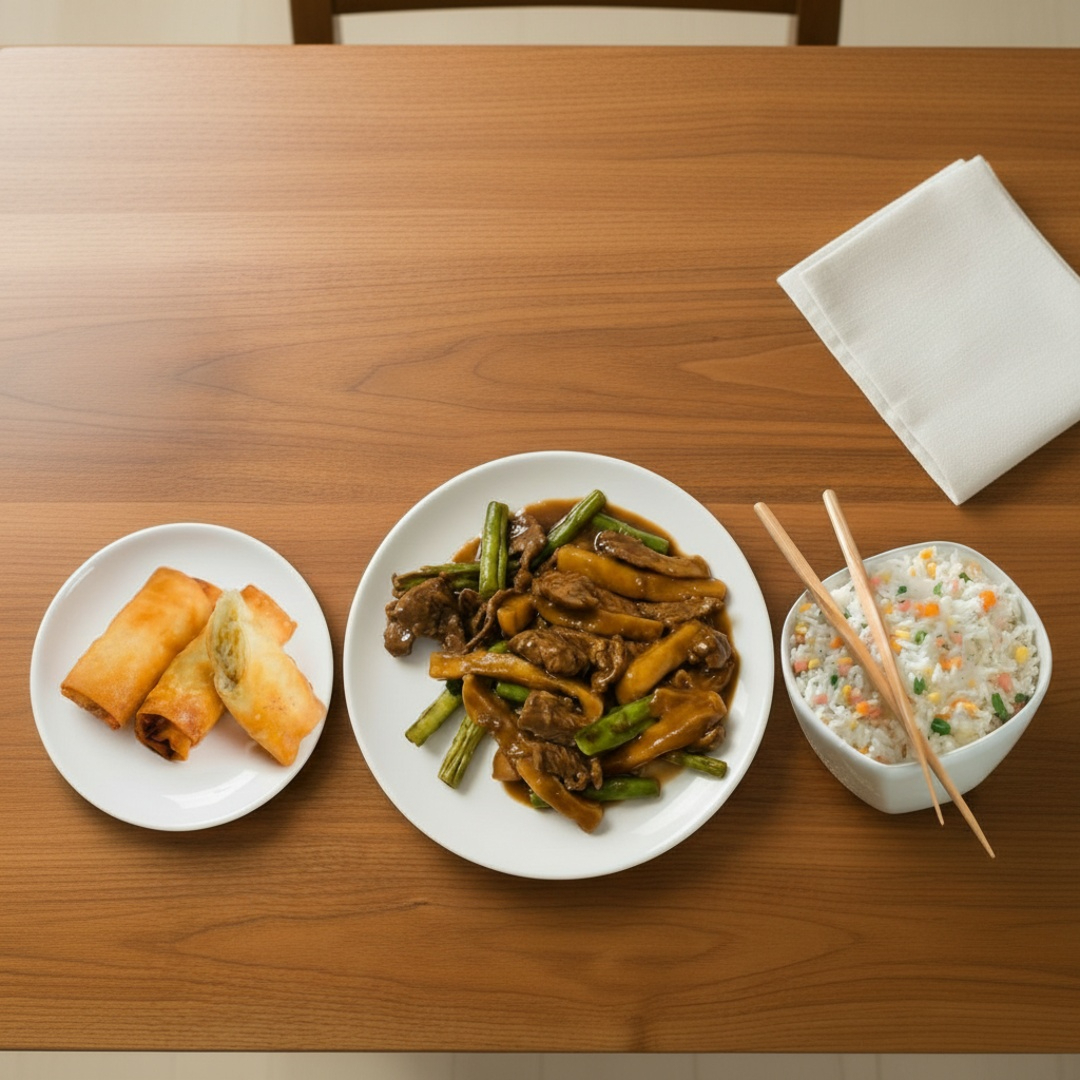 1 Carne com batata padrão 1 Yakimeshi padrão 2 unidades de rolinho primavera