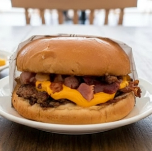 Pão brioche, smash 80g, queijo cheddar e bacon crocante.