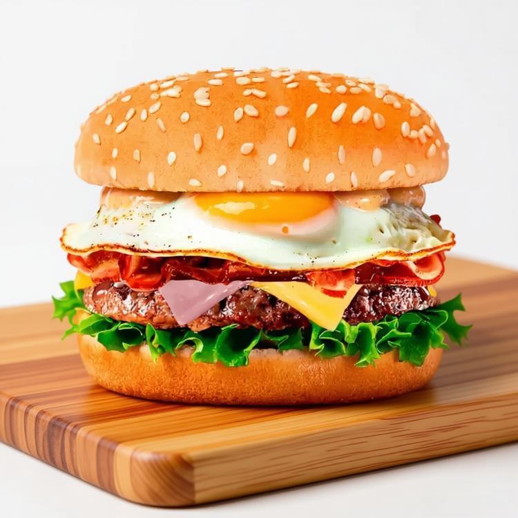 Loucos Nº4 ( Pão, 1 Carne de Hambúrguer, Ovo, Calabresa, Bacon, Cheddar Fatiado, Presunto, Molho Especial)