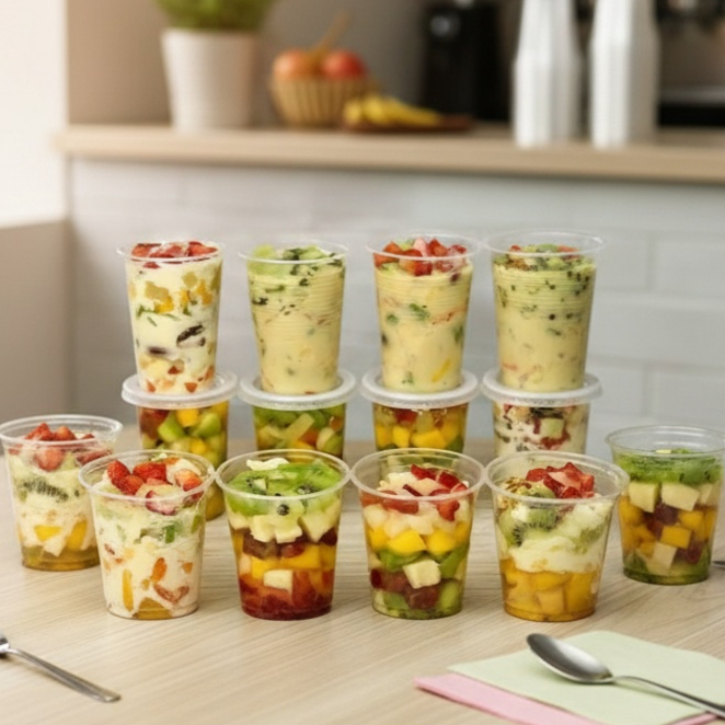 Banana, morango,uva verde,manga,mamão,abacaxi,melão e maça (lembrando que a salada de fruta é padrão não dá pra ficar tirando fruta por fruta!