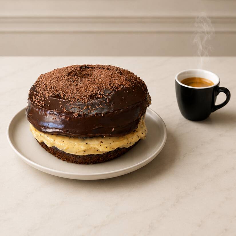 Bolo caseiro de massa de chocolate com furo no meio. Cobertura de brigadeiro 50% e recheio de brigadeiro de maracujá finalizado com raspas de chocolate por cima. Serve em média 8 a 12 fatias. Pesa aprox. 700gr.