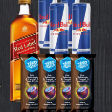 Acompanha 4 Red Bull e 4 gelos saborizados, copos e canudos