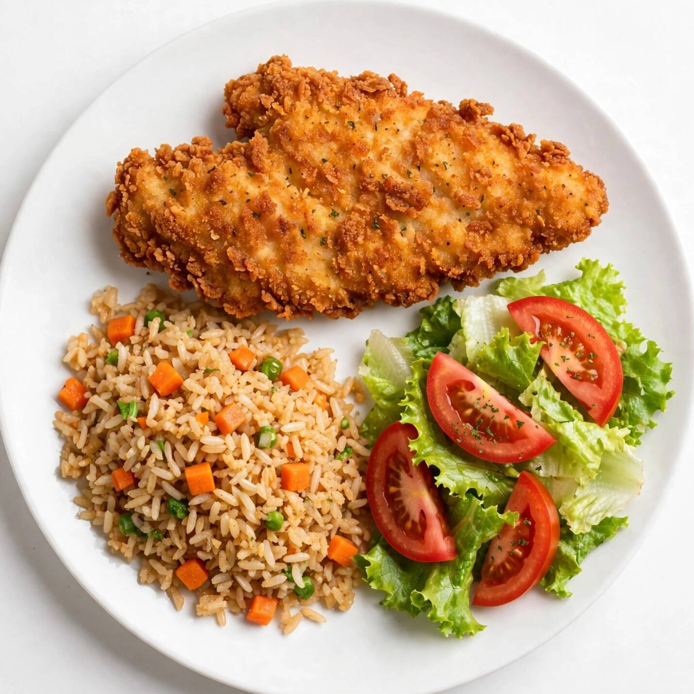 Arroz Frito Con Pollo Empanizado y Ensalada
