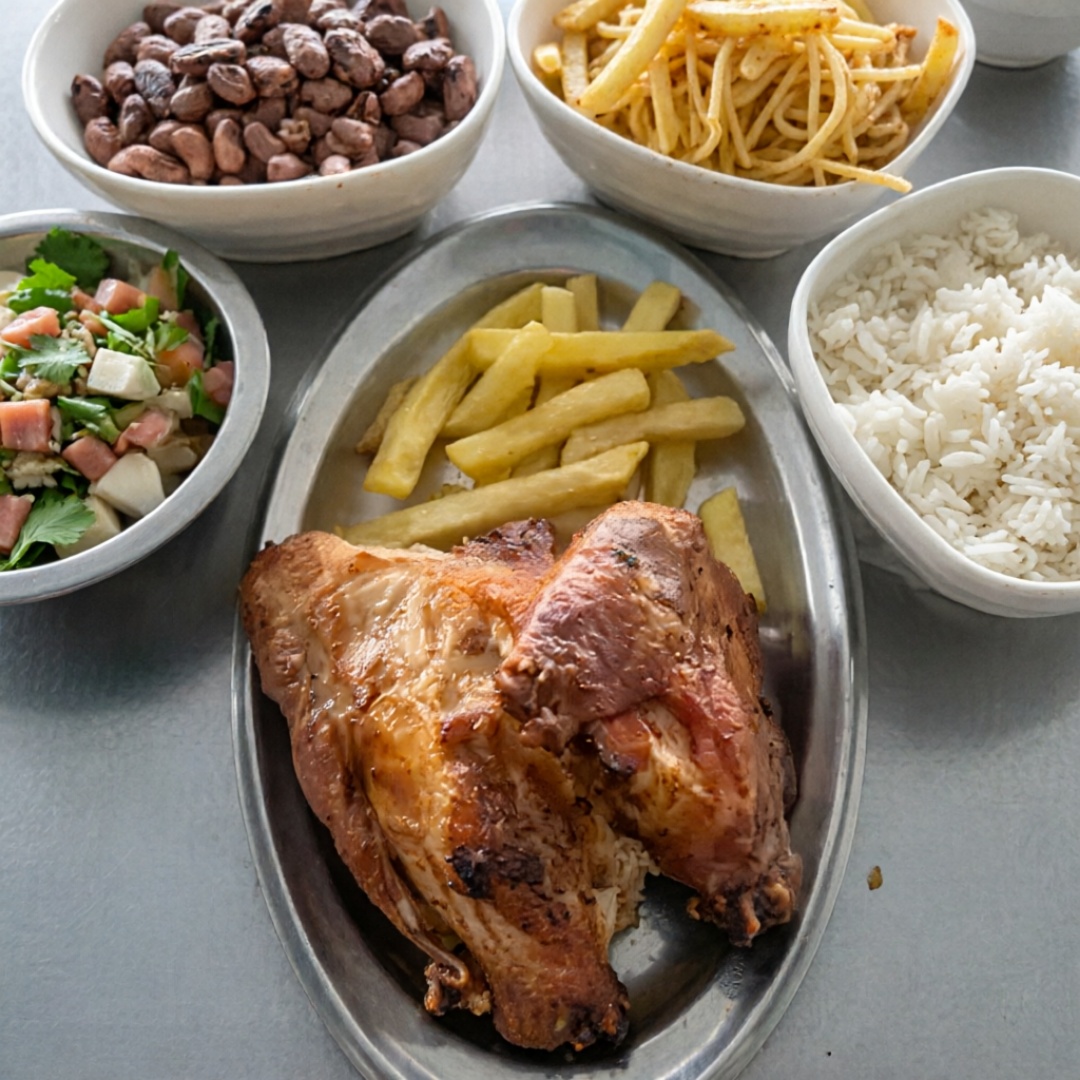 feijao arroz macarrao farofa vinagrete e fritas