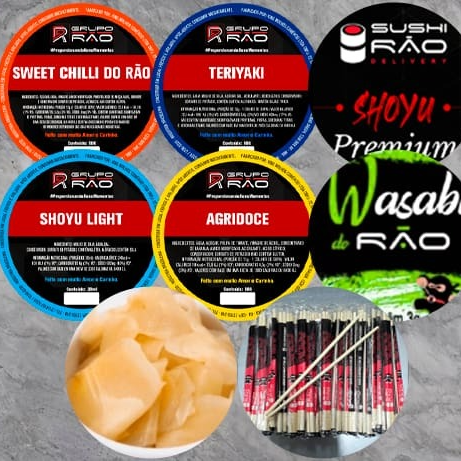 Hashi, Wasabi, Gengibre, Shoyu, Agridoce, Teriyaki, Sweet Chilli do Rão e Shoyu Light