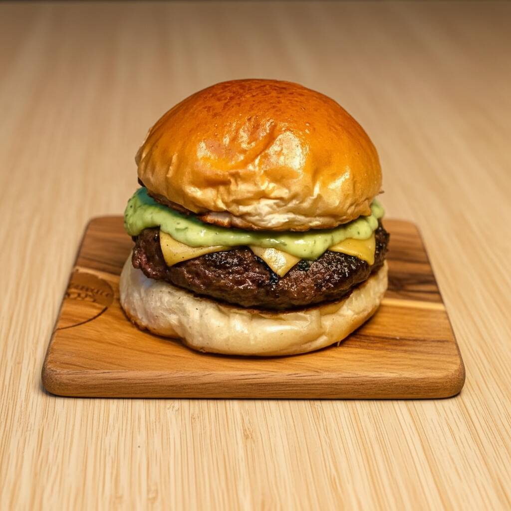 Pão tipo brioche, Suculento Blend de carne bovina de costela angus 160g, queijo prato e aquela maionese verde que ira te fazer voltar :)