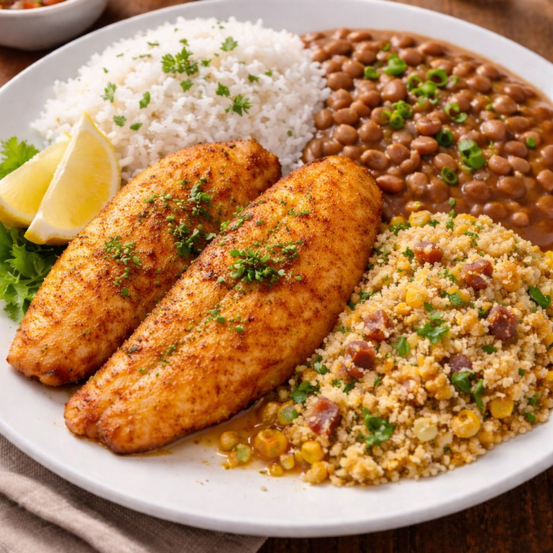 tilápia empanada Suculenta Acompanhado de arroz soltinho, feijão bem temperado e farofa deliciosa. Com Guaravita + Sobremesa