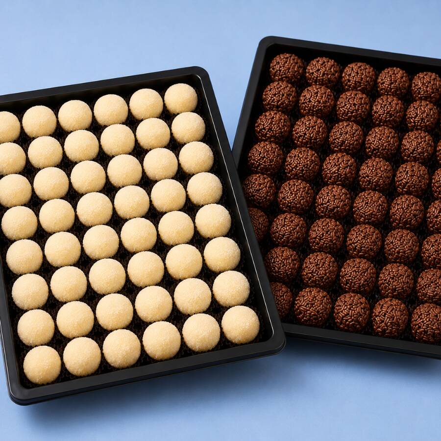 Cento de Festa com 100 docinhos artesanais meio a meio 50 Brigadeiros + 50 Leite Ninho. Produzidos artesanalmente com ingredientes de qualidade, macios, cremosos e que derretem na boca. Perfeitos para festas, comemorações e momentos especiais!