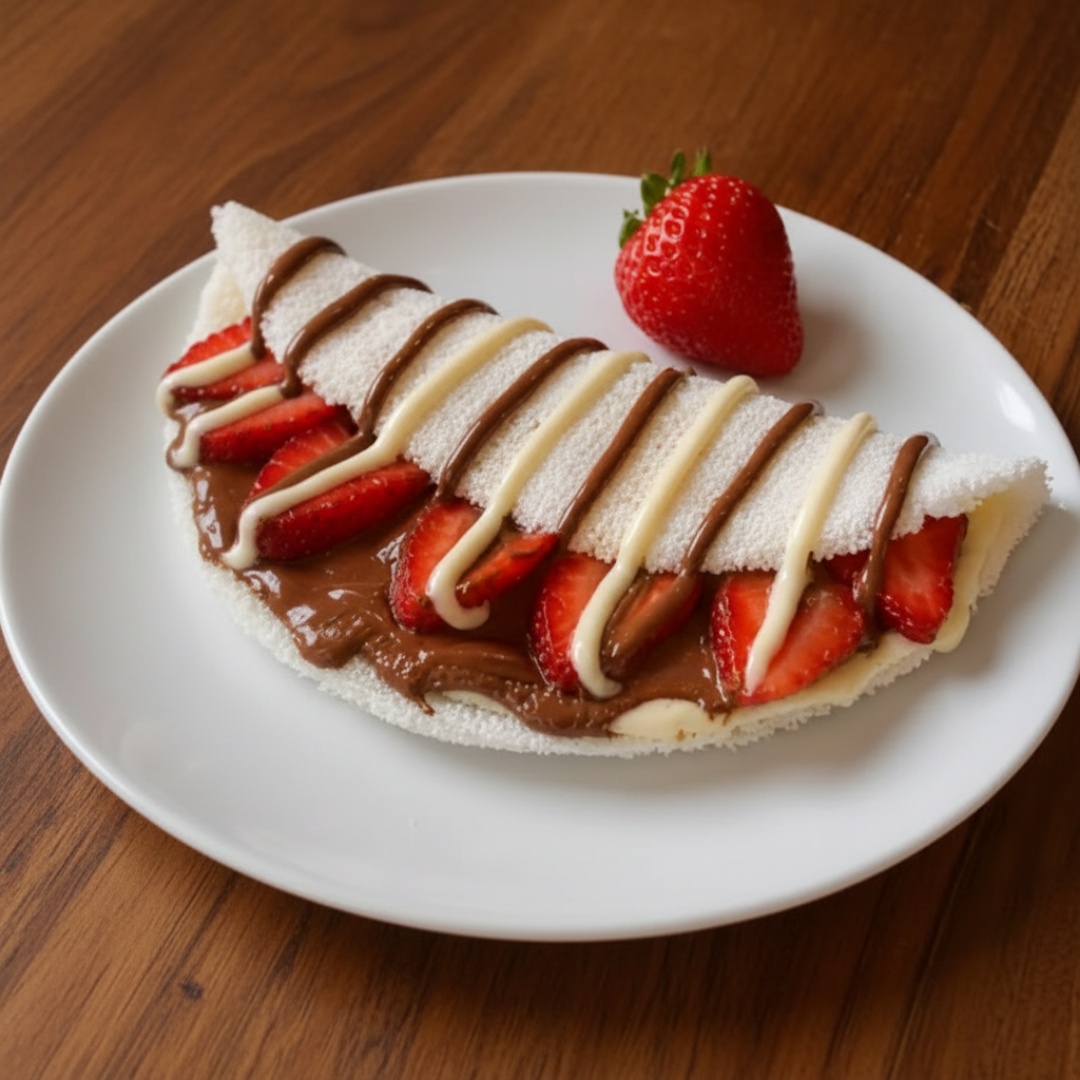 Tapioca Feita Com Massa 100% Artesanal, Recheada Com Chocolate Ao Leite, Chocolate Branco E Morango Orgânico Fresco. Uma Combinação Irresistível E Super Cremosa. (400 Gr)