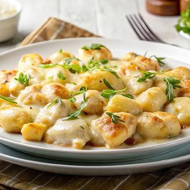 Nhoque de batata servidos com um clássico molho branco e blend de temperos artesanais. Acompanhando uma proteína (Frango Grelhado). Uma combinação reconfortante e cheia de sabor, perfeita para os amantes da boa gastronomia. Aproximadamente 500g.