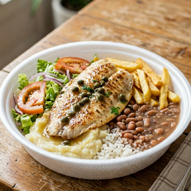 Saboroso Filé de Tilápia Grelhada ao molho de Alcaparras. Acompanha arroz, feijão, purê de batatas, batatas fritas e salada.