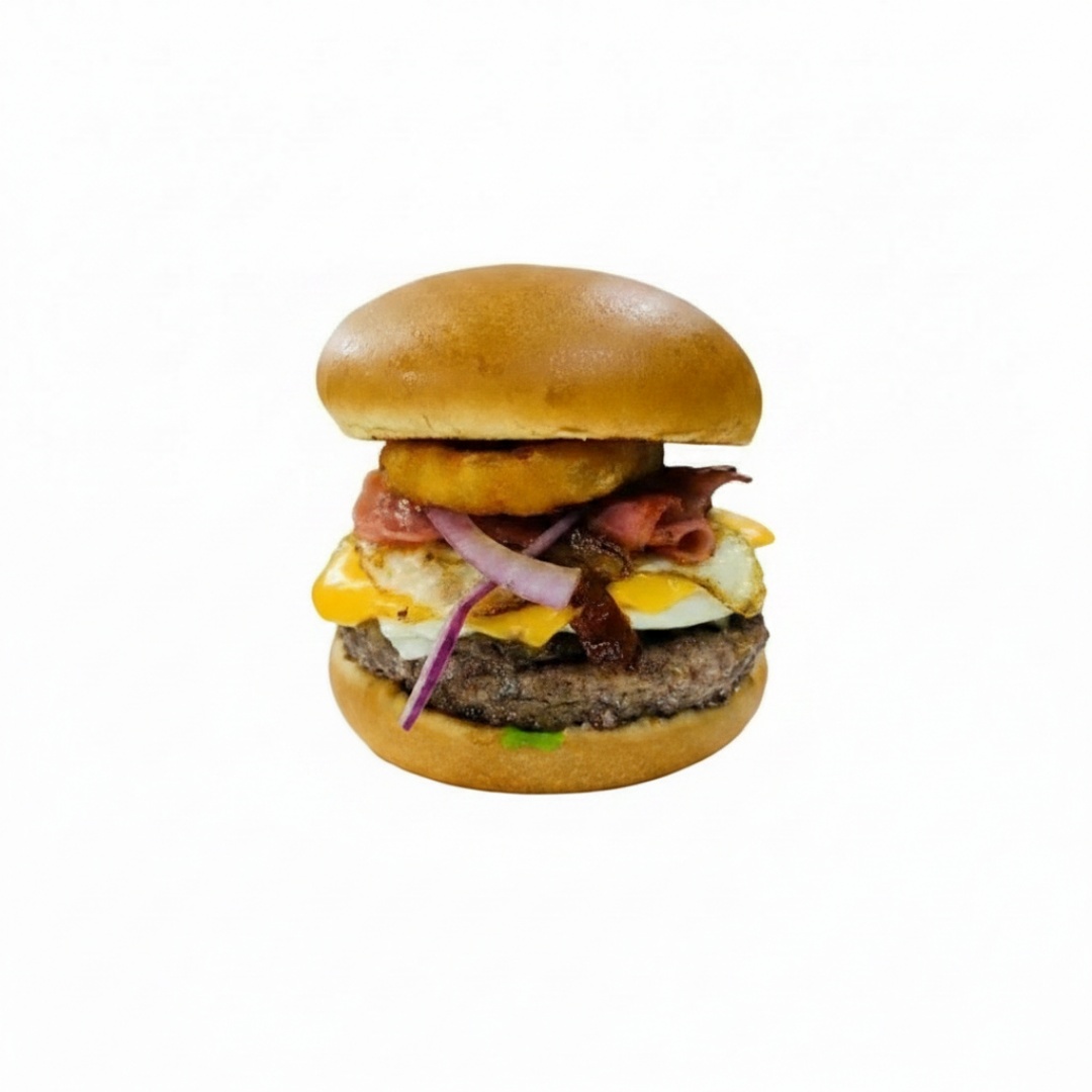 Pão Brioche, 2 Carnes Picanha, Molho Especial, 2 Ovos, Bacon, Presunto, Mussarela, Queijo Cheddar, Catupiry, Cebola Empanada, Tomate E Alface