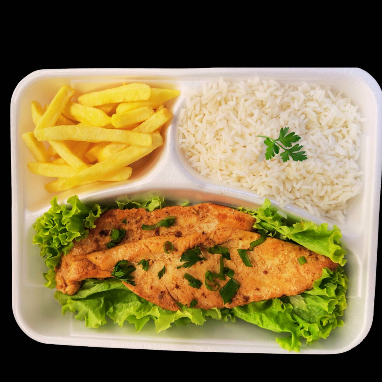 FILÉ DE FRANGO GRELHADO
ARROZ BRANCO
BATATA FRITA
MOLHO DE ALHO
EMBALAGEM: MARMITEX EXECUTIVA ( COM DIVISÓRIAS)