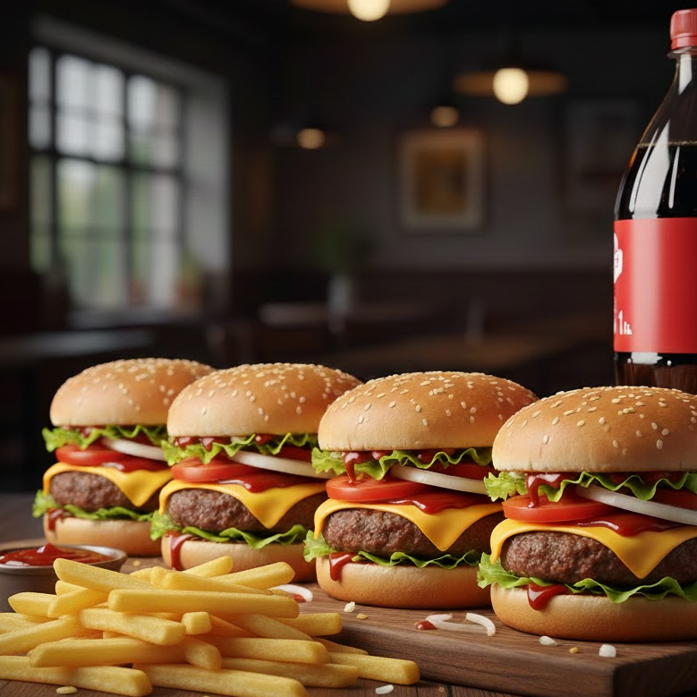 5 Hamburgueres com: pão, carne industrializada, queijo, cebola, tomate, alface e barbecue. + 1 refrigerante de 1 litro e 300g de batata frita