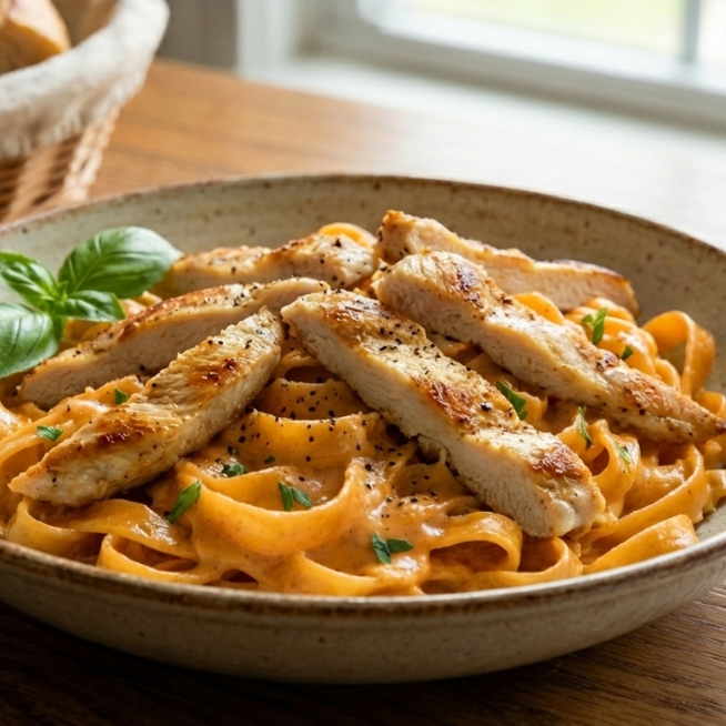 FETUCCINI CHIPOTLE CON TIRAS DE POLLO A LA PLANCHA