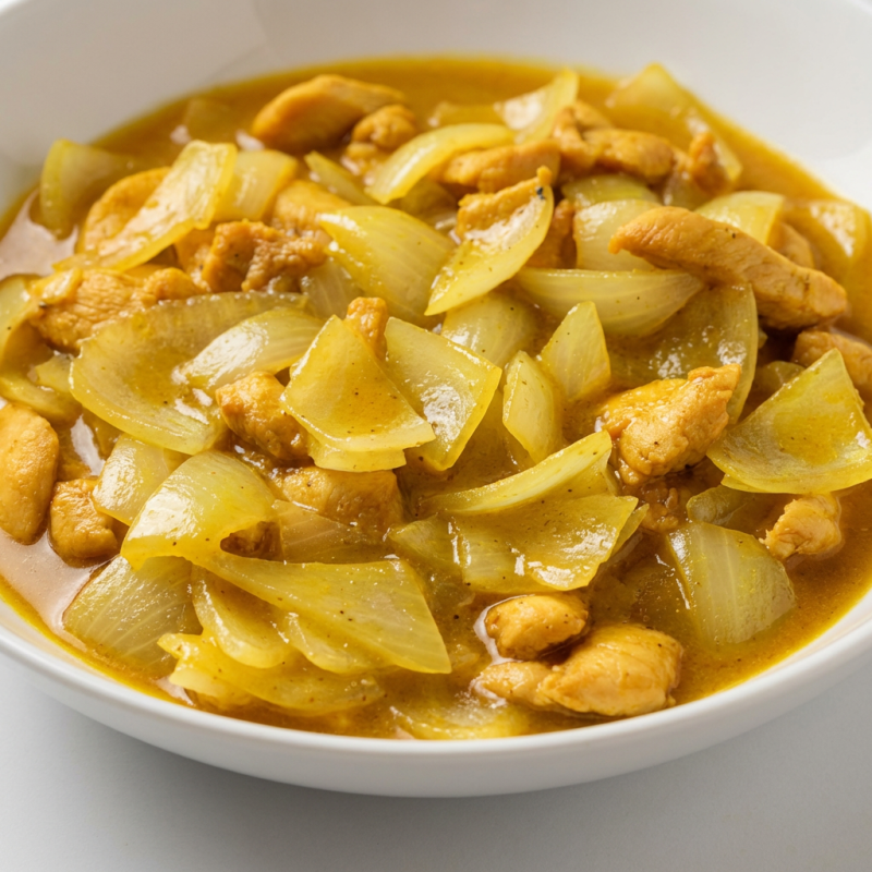 Fatias de peito de frango com cebola ao molho curry levemente picante.