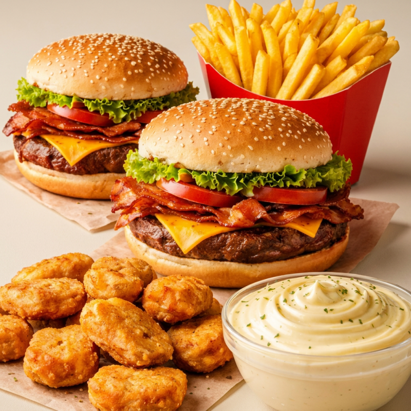 Saboreie dois B. Bacons irresistíveis com cream cheese, porção de batata e nuggets Jb. Uma combinação clássica que traz o melhor do sabor defumado.