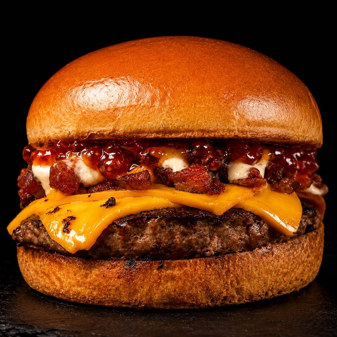 Pão brioche, blend 180g, maionese da casa, muito cheddar, bacon e geleia de pimenta vermelha.