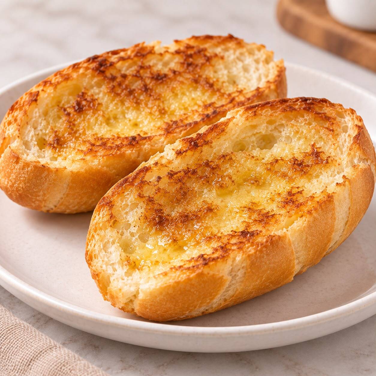 Pão francês tostado na chapa com manteiga, douradinho por fora e macio por dentro.