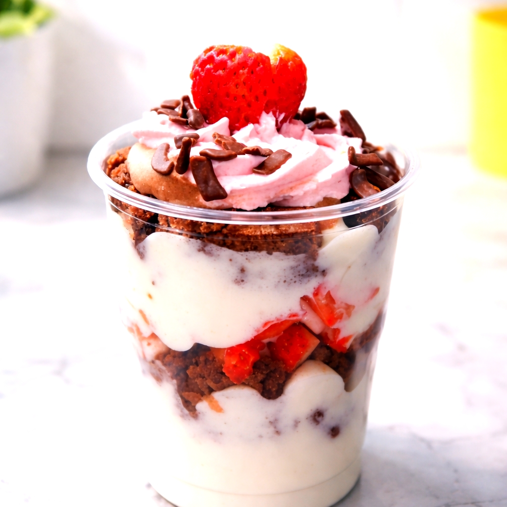 CREME DE LEITE NINHO OU MOUSSE DE CHOCOLATE BROWNIE. MORANGOS FRESCOS COBERTURA DE CHANTINHO