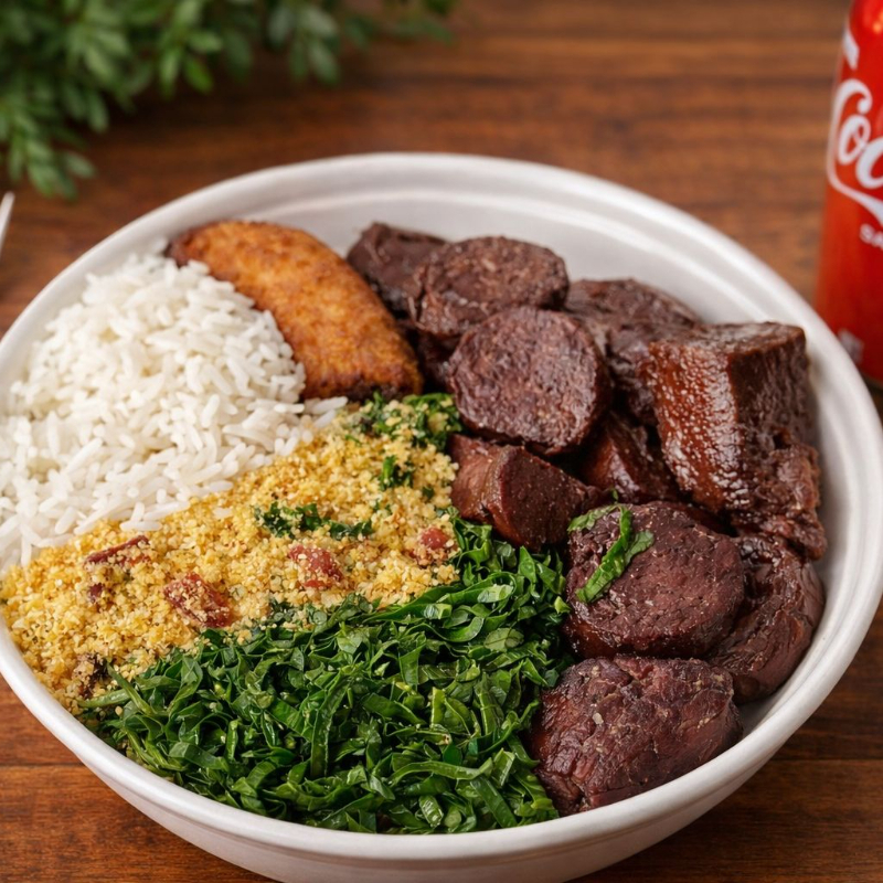 Marmita feijoada magra individual ( arroz branco, costelinha, linguiça calabresa e carne suína, couve refogado e farofa crocante da casa). Marmita indicada para 01 pessoa.