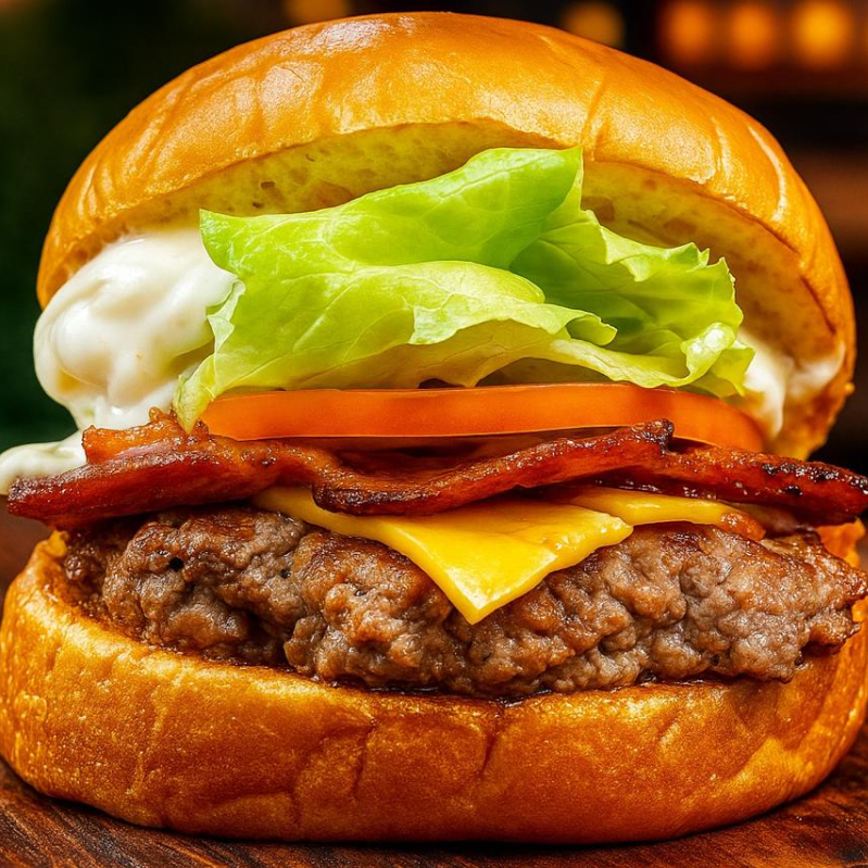 hamburguer artesanal ,cheddar derretido, bacon crocante , alface e tomate fresquinhos , com nosso delicioso molho da vovó