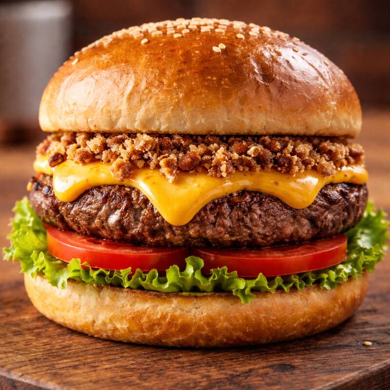 Pão, carne bovino 110g, cheddar, bacon, alface e tomate