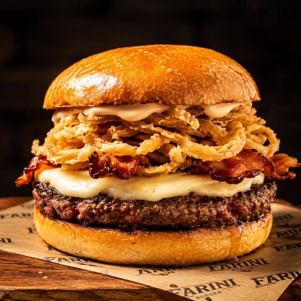 Pão brioche, Blend Angus 160g na brasa, catupiry cremoso, bacon crocante, cebola crispy e barbecue artesanal de goiabada.