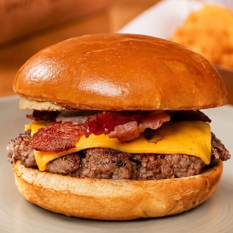 Pão de brioche com blend de burguer bovino(80g), cheddar derretido, bacon crocante e maionese da casa. Um Smash cremoso, suculento e com sabor marcante.