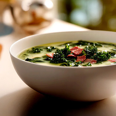 Uma receita clássica que aquece corpo e alma. Inspirado na culinária portuguesa, o nosso Caldo Verde é feito com batatas cremosas, couve fresquinha e aquele toque defumado irresistível. Uma verdadeira comfort food, com sabor caseiro e pronta em apenas 10 minutos. Receita tradicional portuguesa Toque defumado que traz aconchego Pronta em 10 minutos – prático como a vida pede Sem conservantes artificiais Ideal para os dias frios ou para quando bater a saudade de uma comidinha acolhedora. Atenção: produto congelado, pronto para consumo. Descongele no micro-ondas em apenas 10 minutos e está pronto. Gostoso, prático e sem conservantes!