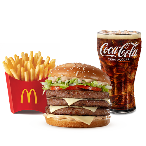 Composto por três hambúrgueres de carne 100% bovina, o icônico molho tasty, queijo processado sabor emental, tomate, alface, cebola, tudo isso no pão com gergelim, acompanhamento e bebida.