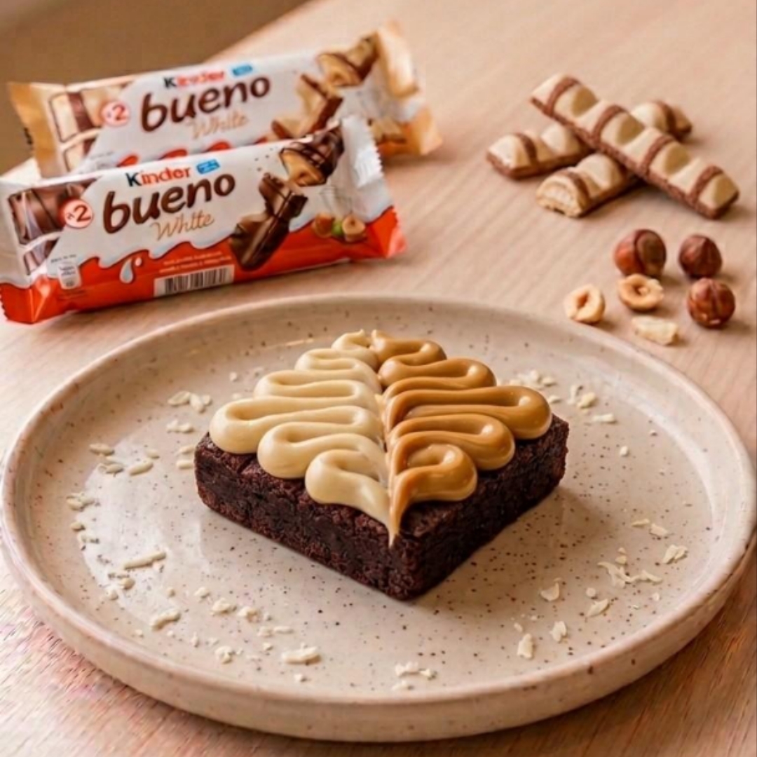 Base de brownie artesanal intenso e molhadinho, coberto com creme especial de avelã, ganache de chocolate e pedaços de Kinder Bueno.