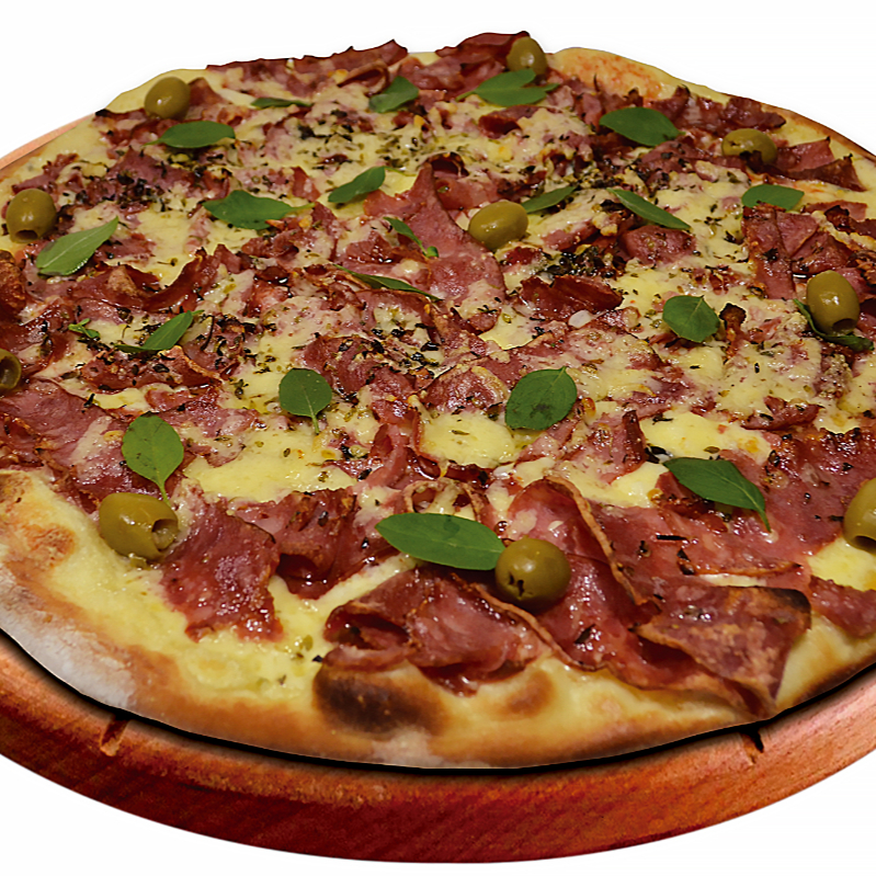 Mussarela, Calabresa, Lasca de parmesão e Manjericão fresco