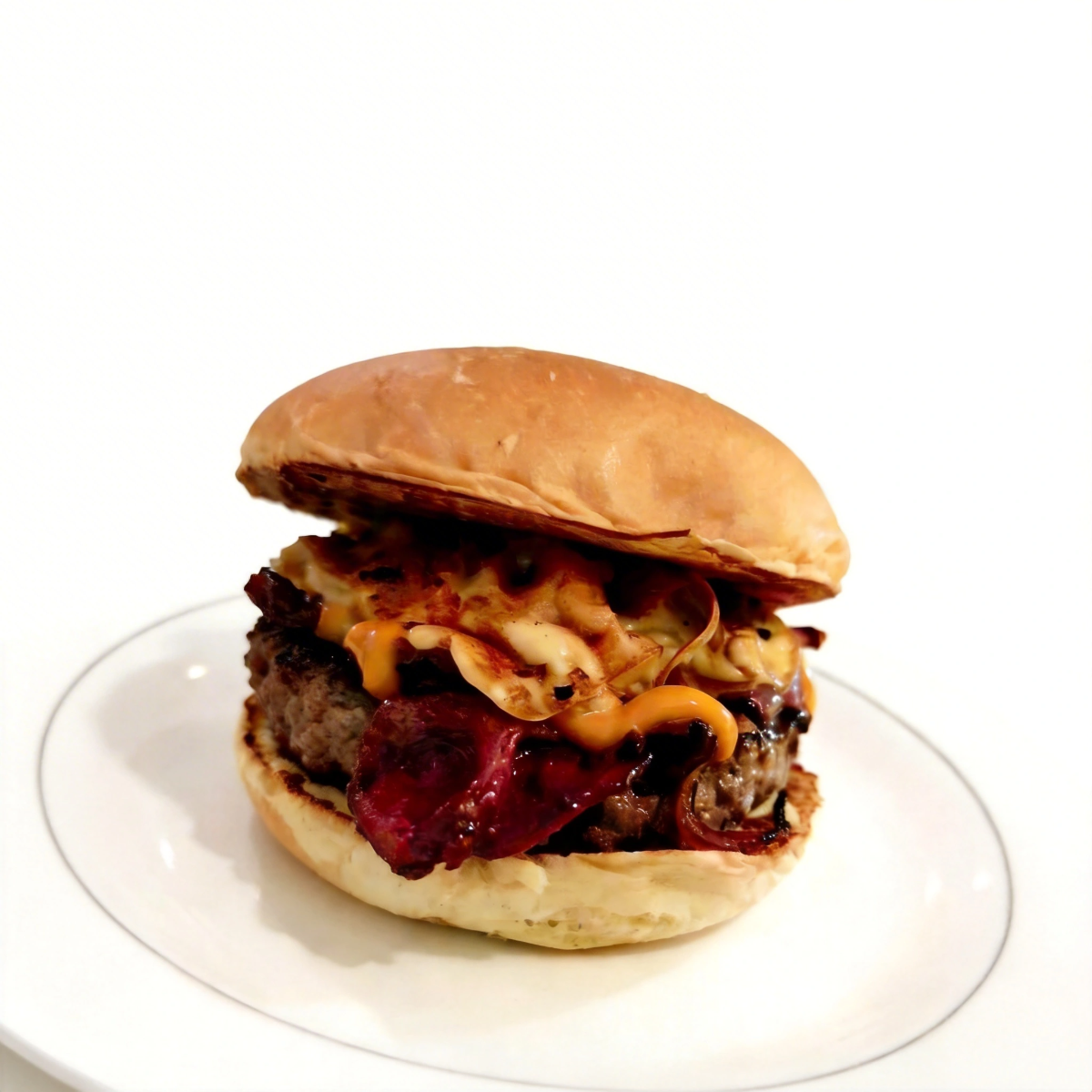 O hambúrguer de 200g é preparado com carne selecionada, resultando em uma textura suculenta e um sabor incrível que irá satisfazer o seu paladar exigente. O queijo cheddar derretido adiciona uma cremosidade deliciosa, envolvendo cada mordida em um sabor irresistível.
O bacon crocante acrescenta uma explosão de sabor defumado e uma textura incrível ao hambúrguer. A cebola roxa caramelizada no barbecue traz um toque adocicado e um sabor agridoce, complementando perfeitamente os outros ingredientes.
Além disso, o queijo prato, com sua consistência cremosa, completa essa combinação perfeita de sabores. E a nossa maionese verde caseira, preparada com ingredientes frescos, adiciona um toque especial e um sabor único ao sanduíche.