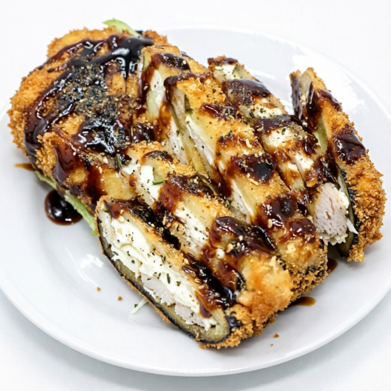 Fatias de Berinjela Recheadas com Peixe e Cream Cheese Temperado. Empanadas em Massa Panko Crocante e Teriaky.