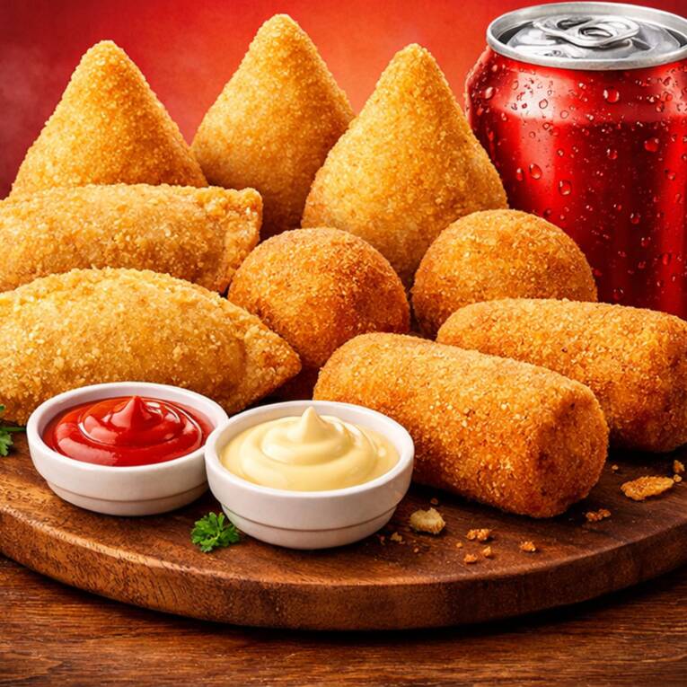 10 mini salgados fritos (20g) + refrigerante lata ou suco