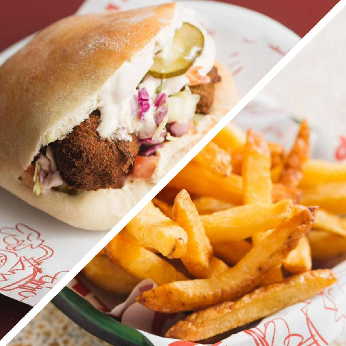 O clássico do Pinati: Falafel na Pita! Tradicionais bolinhos de grão-de-bico com salat israeli (tomates e pepinos em cubos), hummus, tehina, repolho e picles de pepino, servidos na pita. Acompanha nossas batatas fritas.